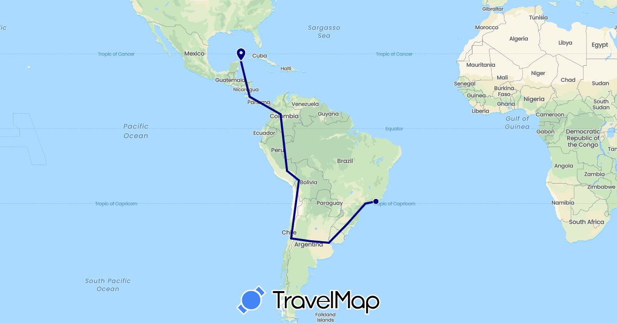 TravelMap itinerary: driving in Argentina, Bolivia, Brazil, Chile, Colombia, Costa Rica, Peru (North America, South America)